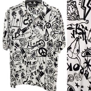 George All Over Graffiti Print Button Up Shirt Mens XL 46-48 Black White Casual